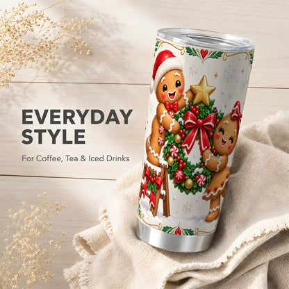 Gingerbread Wreath Tumbler 20oz, Xmas Tumbler, Stainless Steel Travel Cup