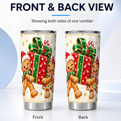 #pl[20oz|Steel] Gingerbread Present Tumbler 20oz, Xmas Tumbler, Stainless Steel Travel Cup