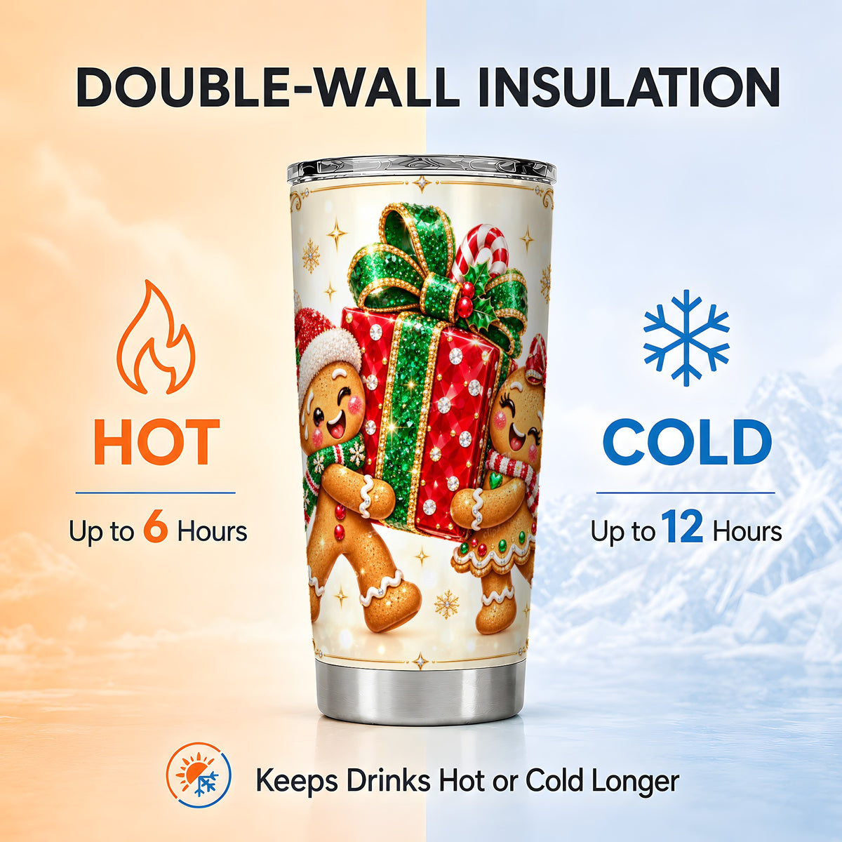 Gingerbread Present Tumbler 20oz, Xmas Tumbler, Stainless Steel Travel Cup