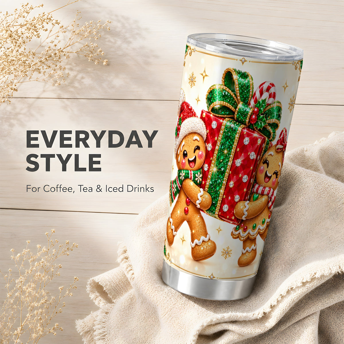 Gingerbread Present Tumbler 20oz, Xmas Tumbler, Stainless Steel Travel Cup