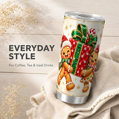Gingerbread Present Tumbler 20oz, Xmas Tumbler, Stainless Steel Travel Cup