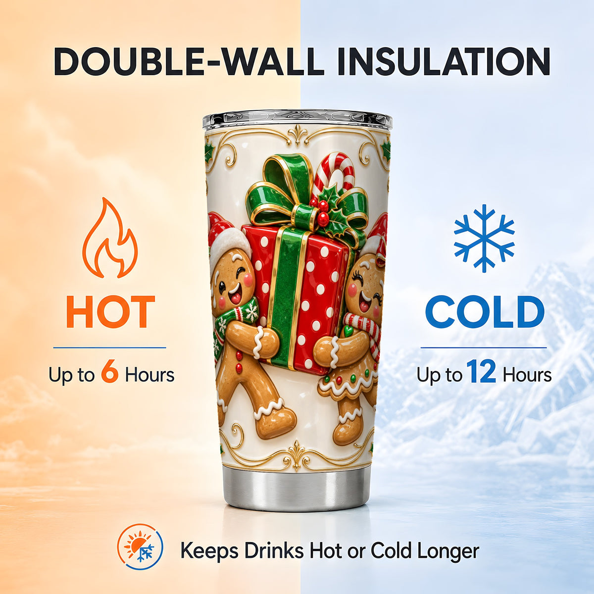 Cookie Present Tumbler 20oz, Holiday Tumbler, Stainless Steel Travel Cup