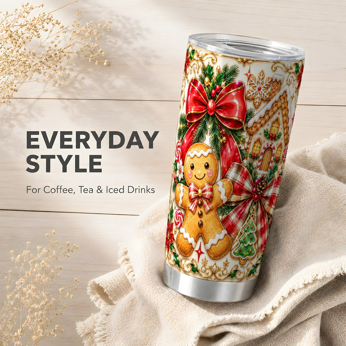 Gingerbread Bow Tumbler 20oz, Cookie Tumbler, Stainless Steel Travel Cup