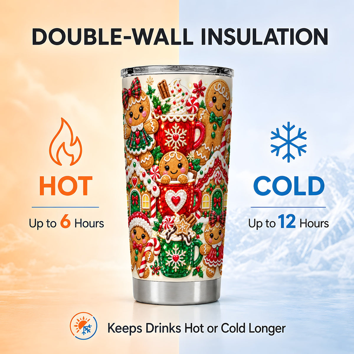 Gingerbread Tumbler 20oz, Holiday Tumbler, Stainless Steel Travel Cup