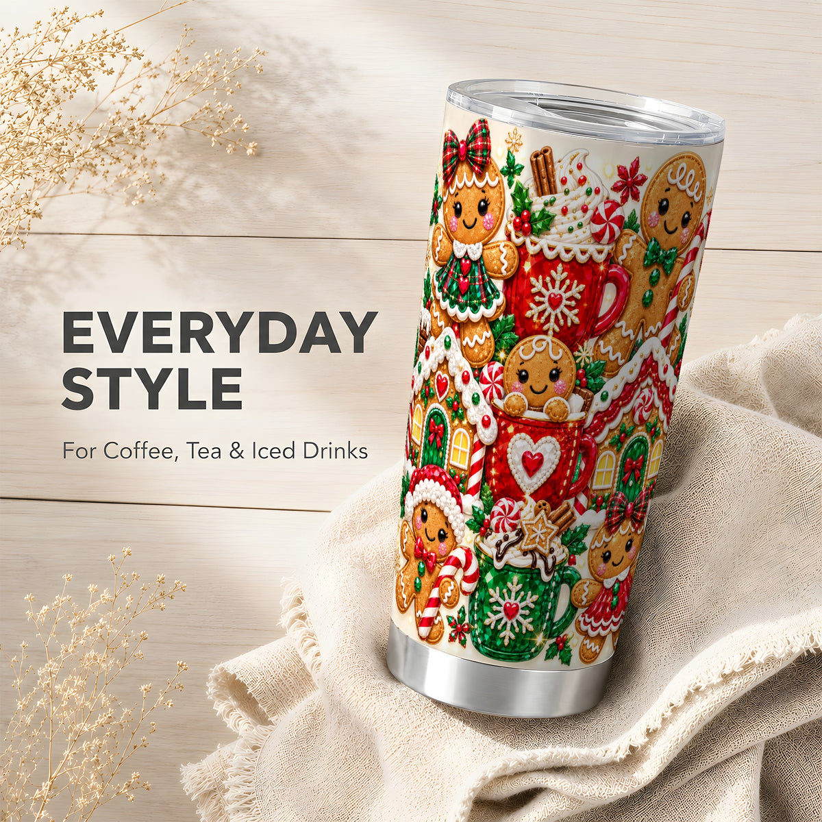 Gingerbread Tumbler 20oz, Holiday Tumbler, Stainless Steel Travel Cup