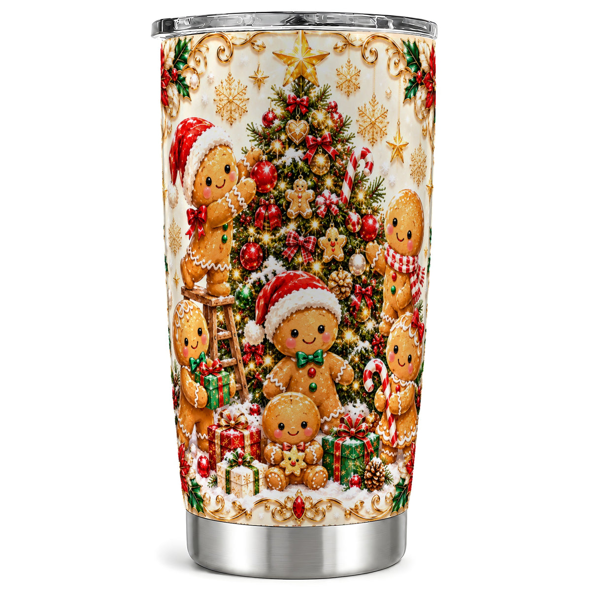 Gingerbread Family Tumbler 20oz, Holiday Tumbler, Steel Travel Cup