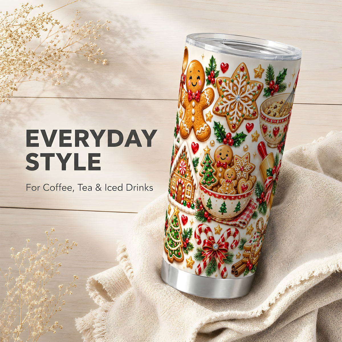 Gingerbread Baking Tumbler 20oz, Cookie Tumbler, Stainless Steel Travel Cup