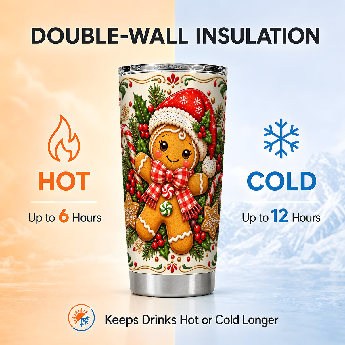 Gingerbread Girl Tumbler 20oz, Candy Cane Tumbler, Steel Travel Cup