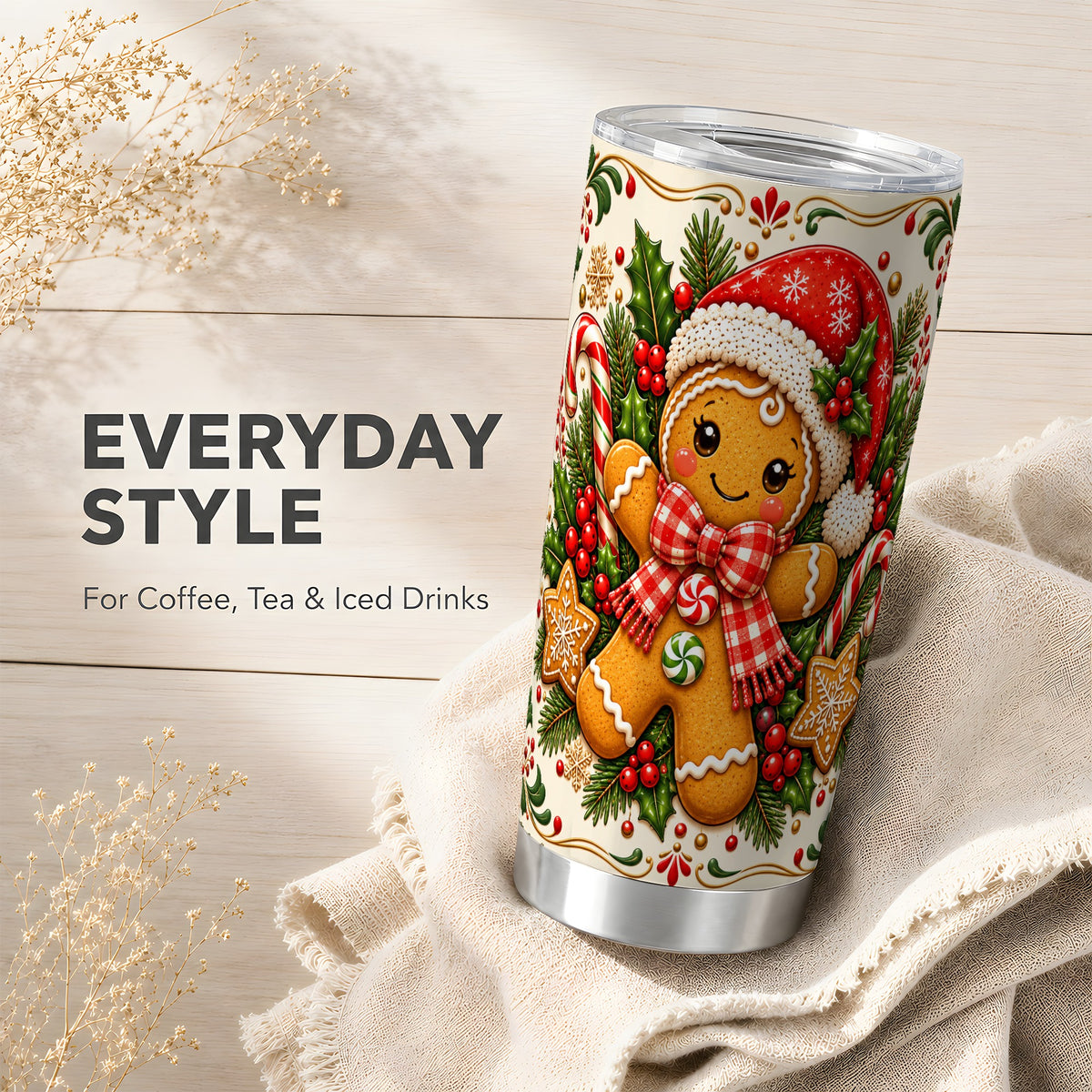 Gingerbread Girl Tumbler 20oz, Candy Cane Tumbler, Steel Travel Cup