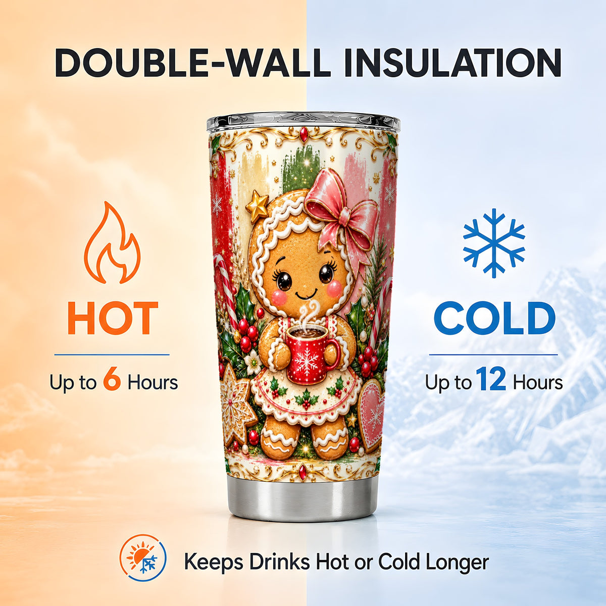 Gingerbread Girl Tumbler 20oz, Holiday Tumbler, Stainless Steel Travel Cup