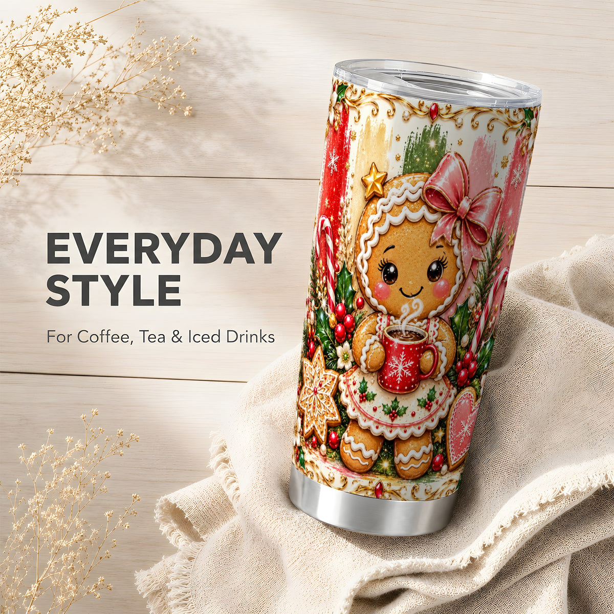 Gingerbread Girl Tumbler 20oz, Holiday Tumbler, Stainless Steel Travel Cup