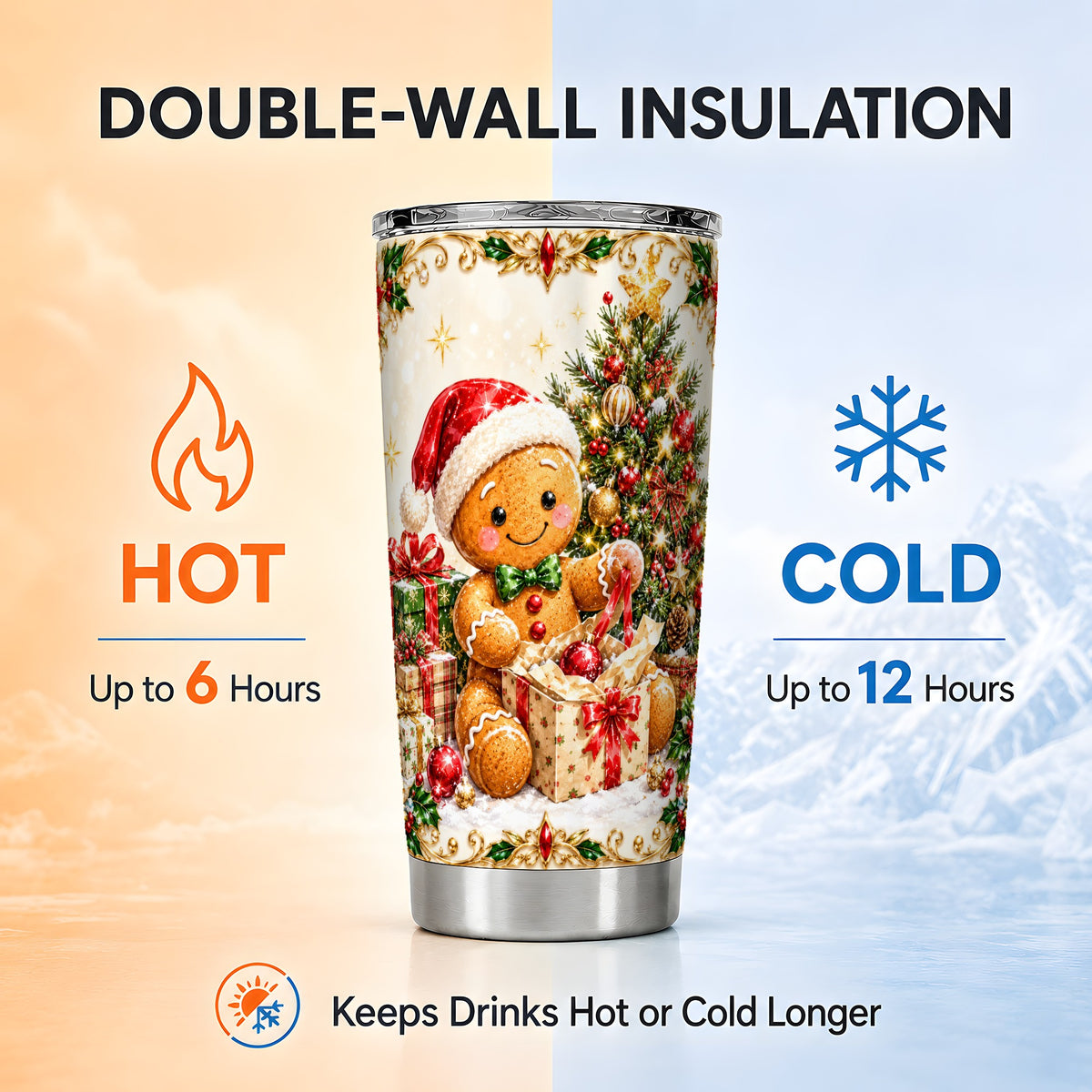 Gingerbread Tumbler 20oz, Christmas Tumbler, Stainless Steel Travel Cup