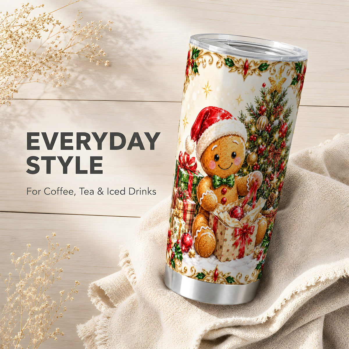 Gingerbread Tumbler 20oz, Christmas Tumbler, Stainless Steel Travel Cup