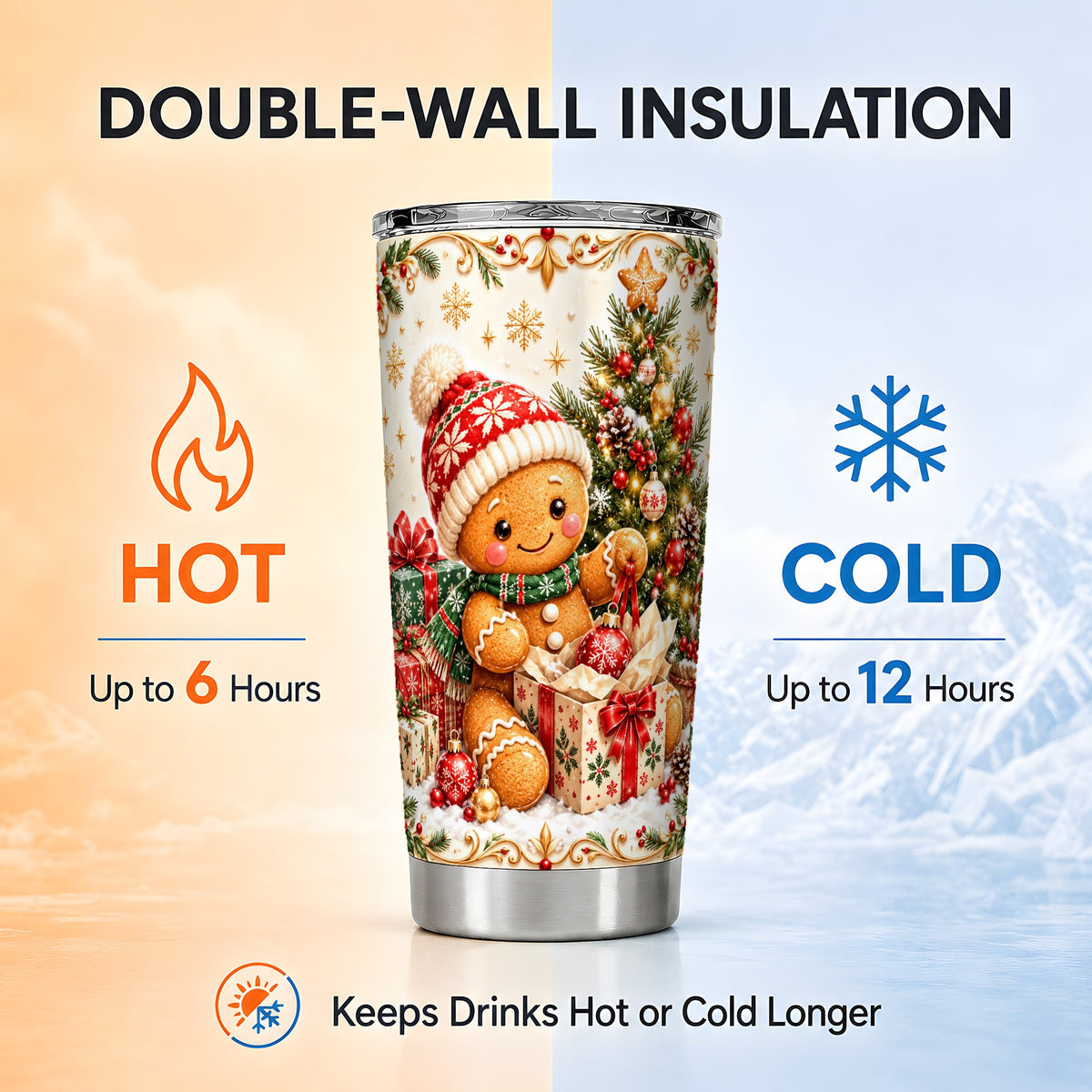 Cozy Gingerbread Tumbler 20oz, Holiday Tumbler, Stainless Steel Travel Cup
