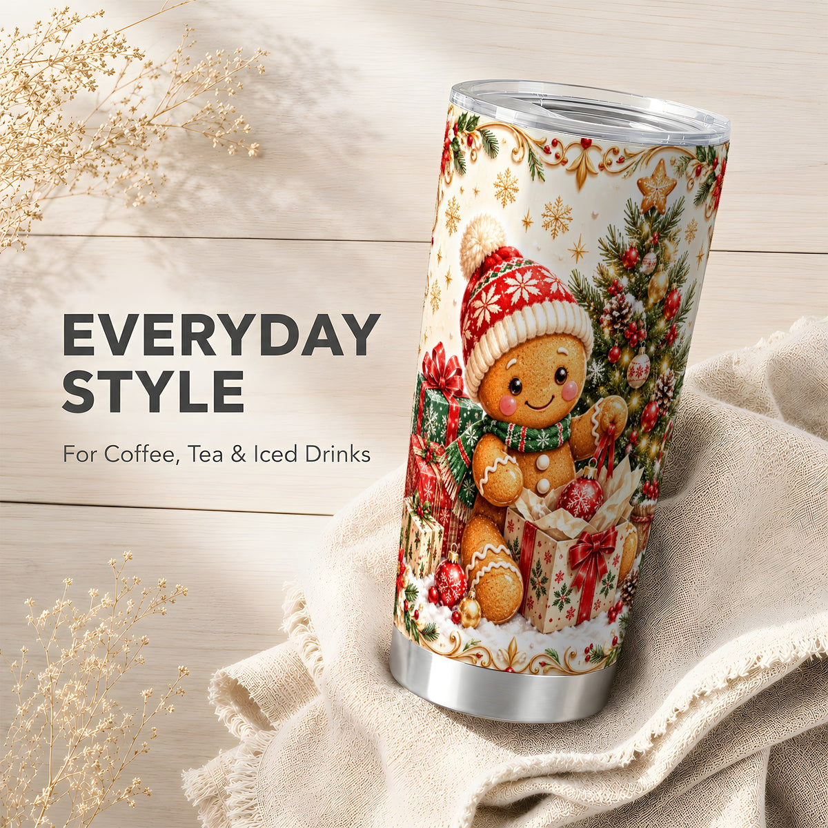 Cozy Gingerbread Tumbler 20oz, Holiday Tumbler, Stainless Steel Travel Cup