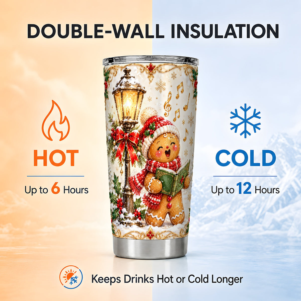 Carol Gingerbread Tumbler 20oz, Holiday Tumbler, Stainless Steel Travel Cup