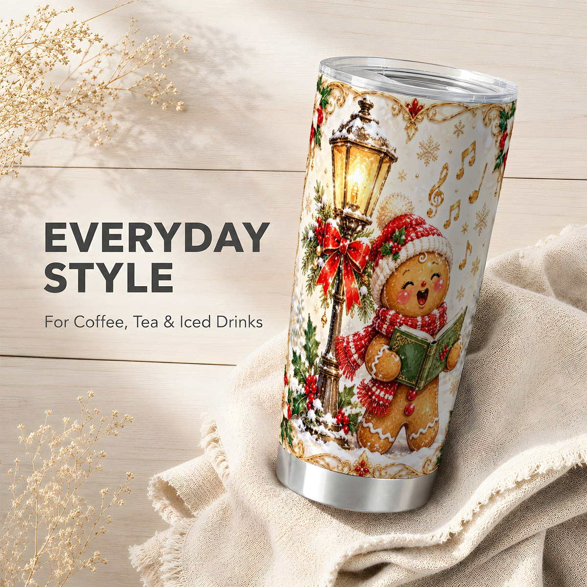 Carol Gingerbread Tumbler 20oz, Holiday Tumbler, Stainless Steel Travel Cup