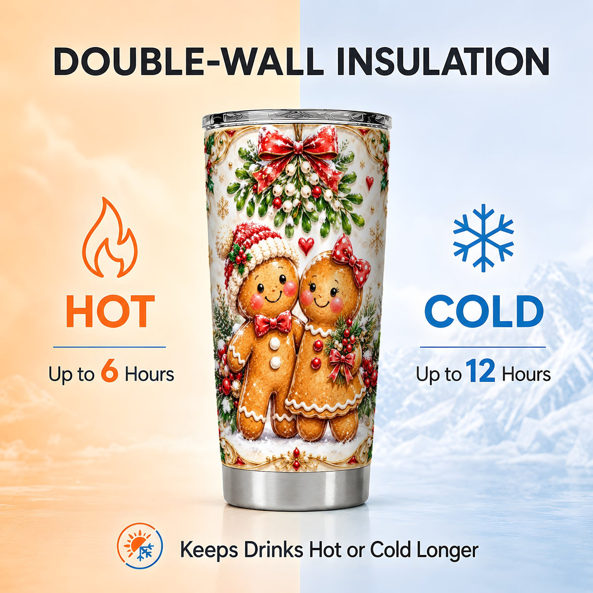 Gingerbread Pair Tumbler 20oz, Holiday Tumbler, Stainless Steel Travel Cup
