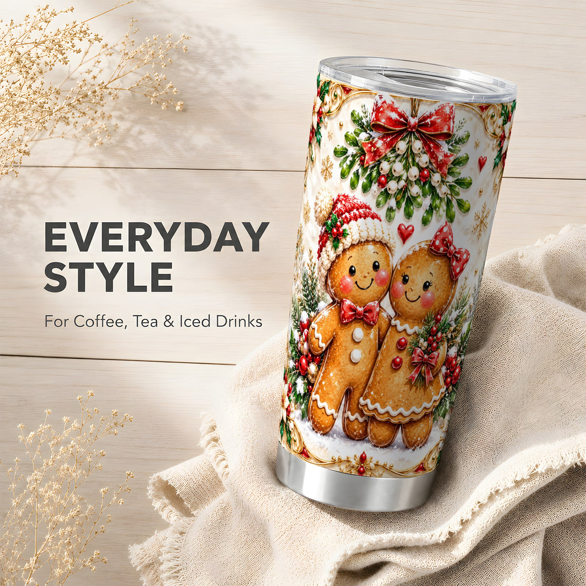 Gingerbread Pair Tumbler 20oz, Holiday Tumbler, Stainless Steel Travel Cup