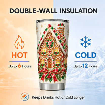 Gingerbread House Tumbler 20oz, Holiday Tumbler, Stainless Steel Travel Cup