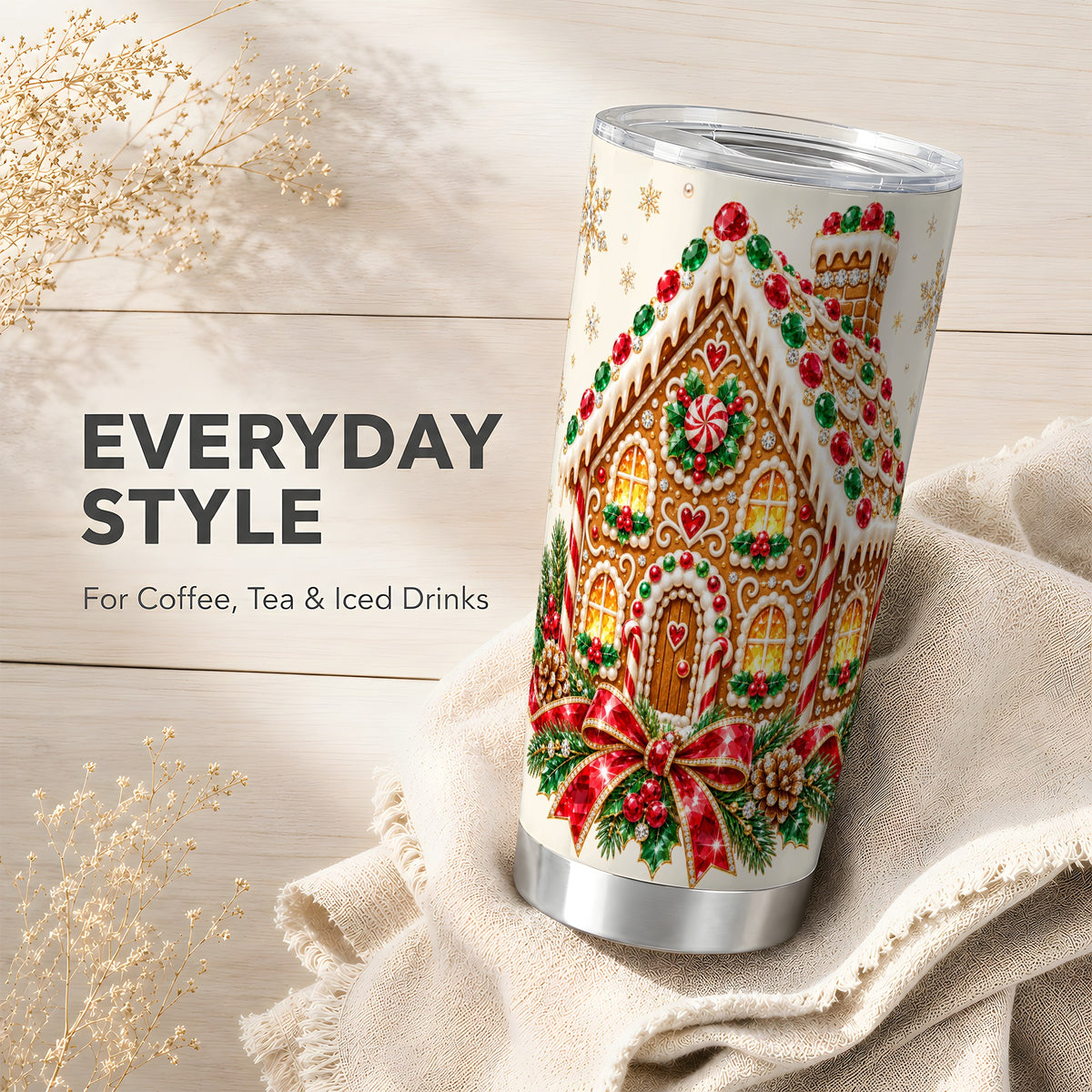 Gingerbread House Tumbler 20oz, Holiday Tumbler, Stainless Steel Travel Cup