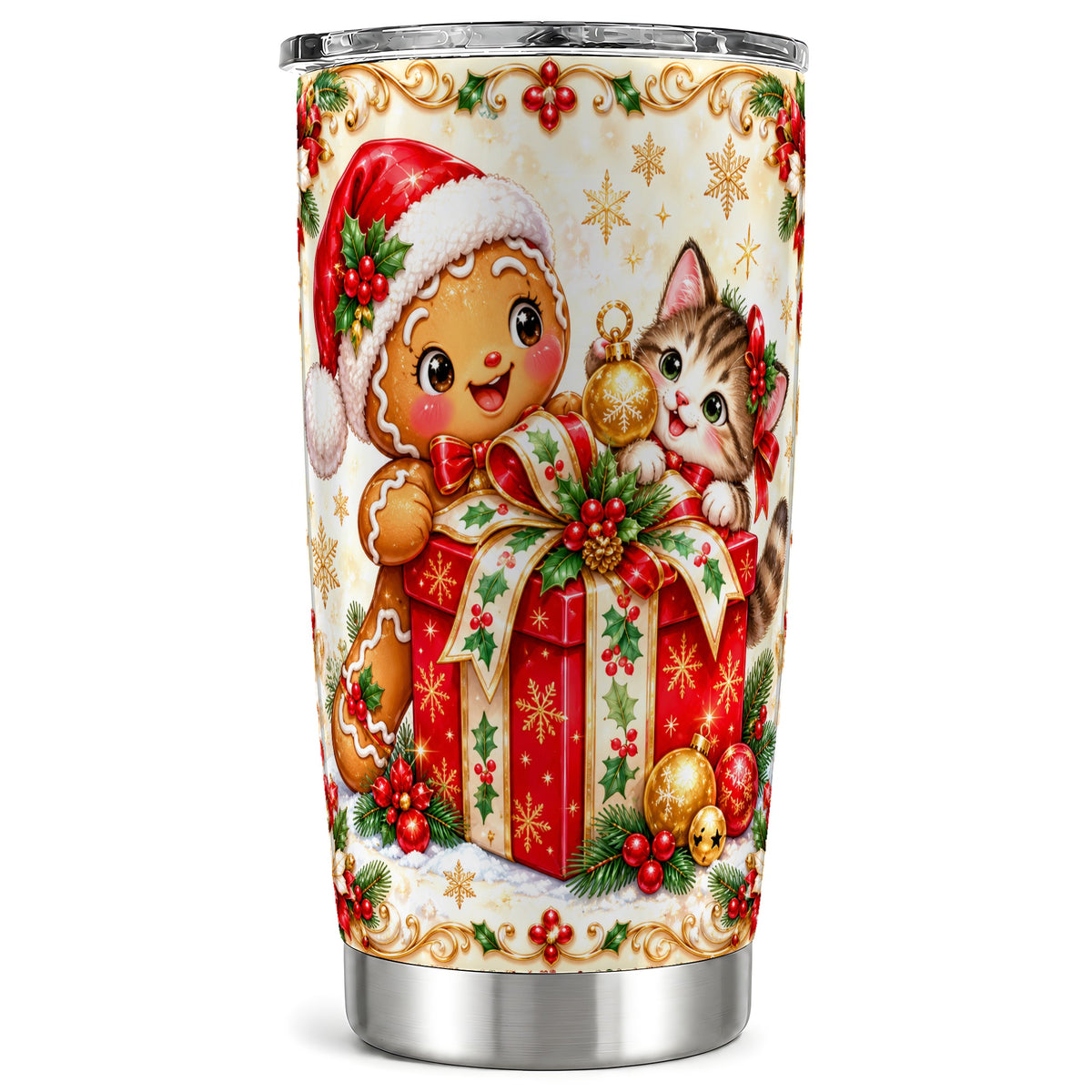 Gingerbread Cat Tumbler 20oz, Christmas Tumbler, Stainless Steel Travel Cup
