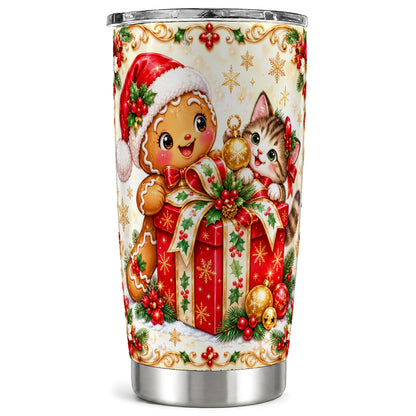 Gingerbread Cat Tumbler 20oz, Christmas Tumbler, Stainless Steel Travel Cup