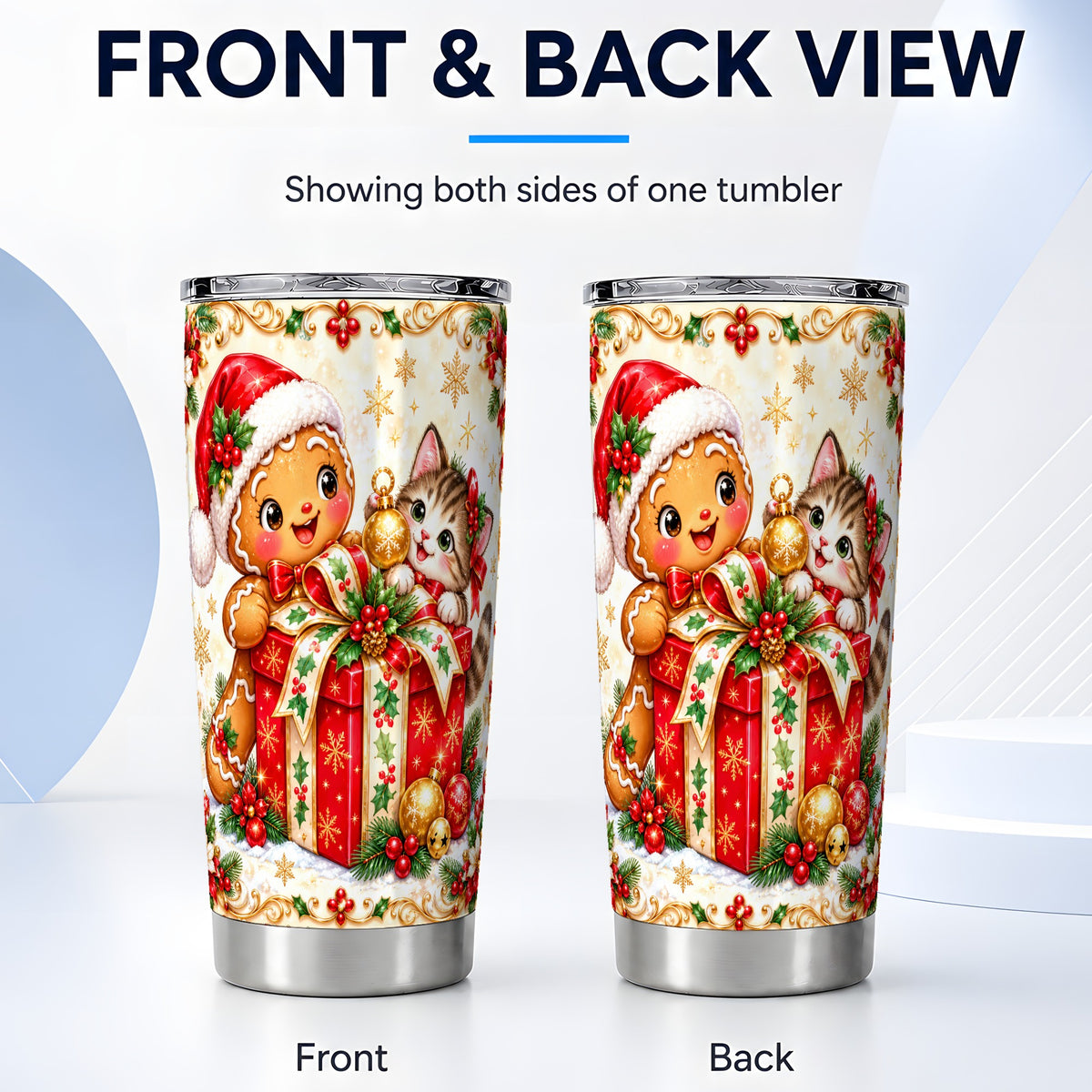 #pl[20oz|Steel] Gingerbread Cat Tumbler 20oz, Christmas Tumbler, Stainless Steel Travel Cup