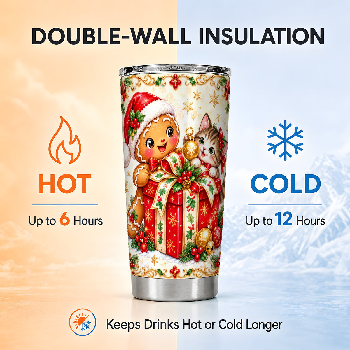 Gingerbread Cat Tumbler 20oz, Christmas Tumbler, Stainless Steel Travel Cup