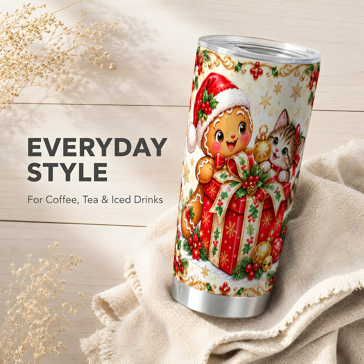 Gingerbread Cat Tumbler 20oz, Christmas Tumbler, Stainless Steel Travel Cup