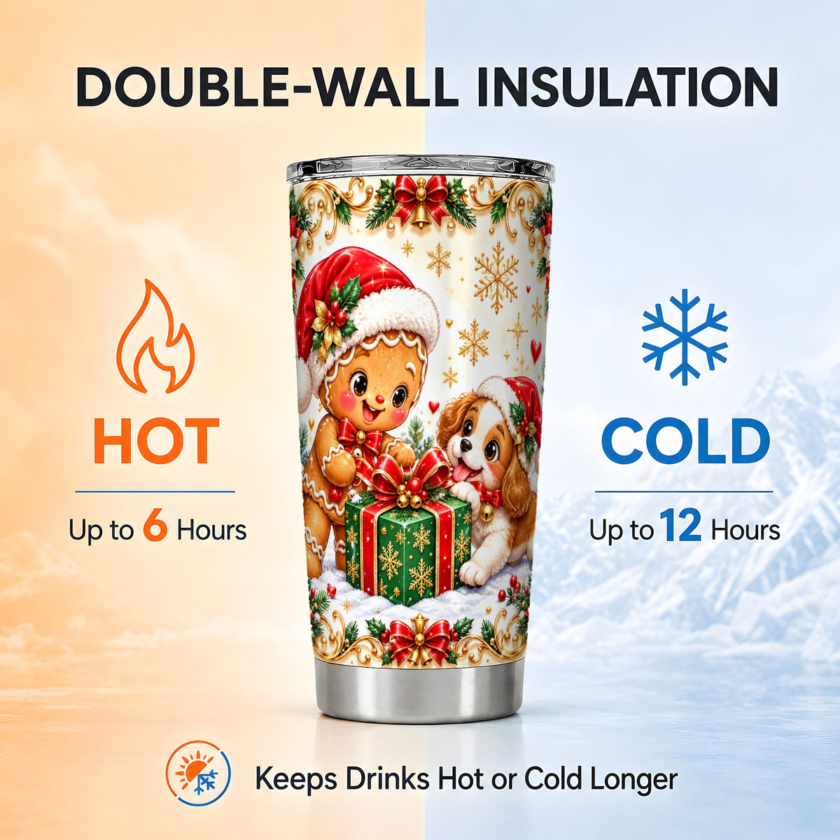 Gingerbread Dog Tumbler 20oz, Christmas Tumbler, Stainless Steel Travel Cup