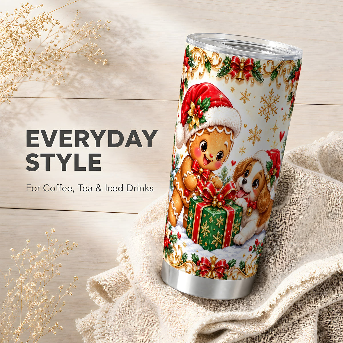 Gingerbread Dog Tumbler 20oz, Christmas Tumbler, Stainless Steel Travel Cup