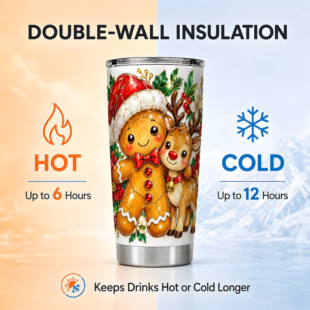 Gingerbread Reindeer Tumbler 20oz, Xmas Tumbler, Stainless Steel Travel Cup