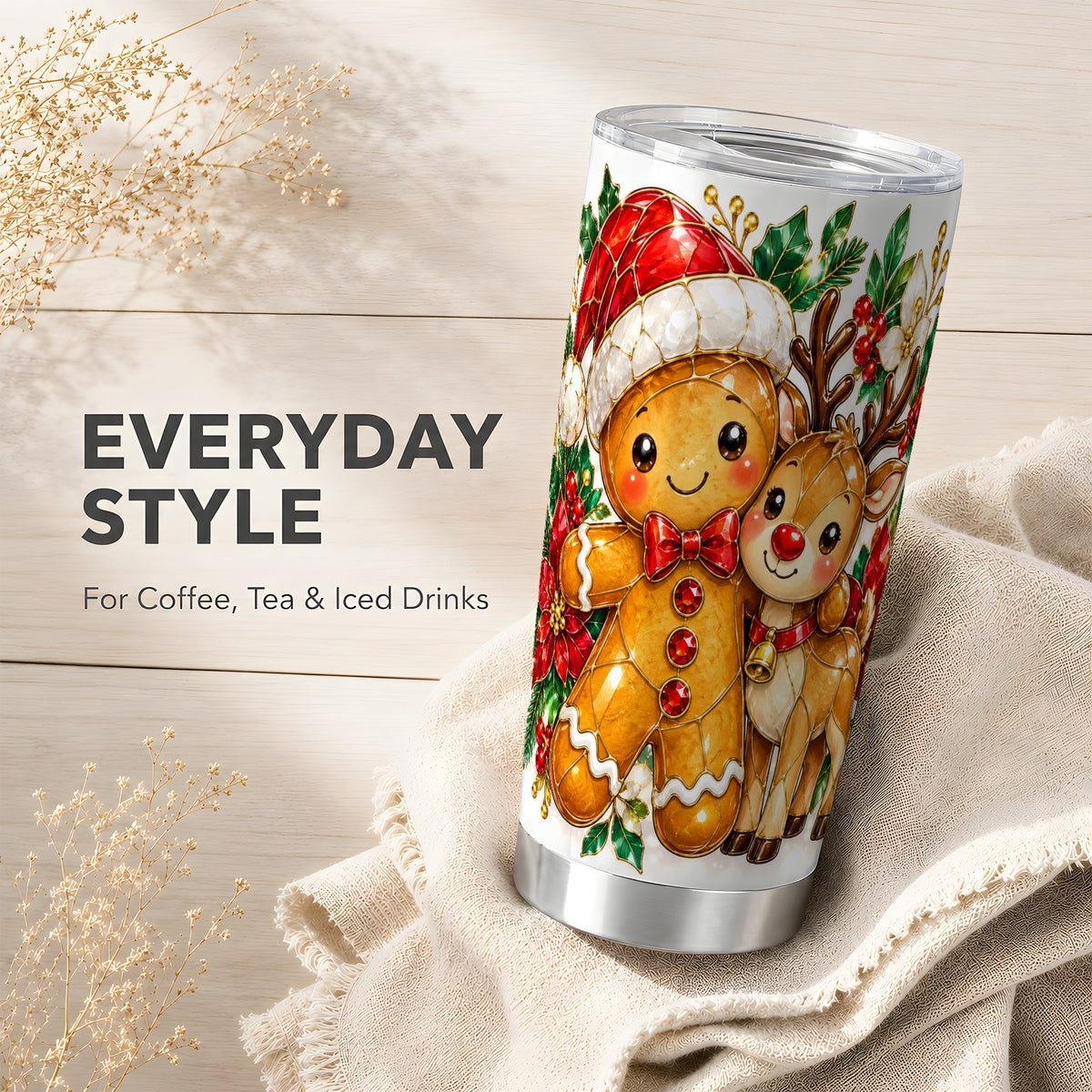 Gingerbread Reindeer Tumbler 20oz, Xmas Tumbler, Stainless Steel Travel Cup