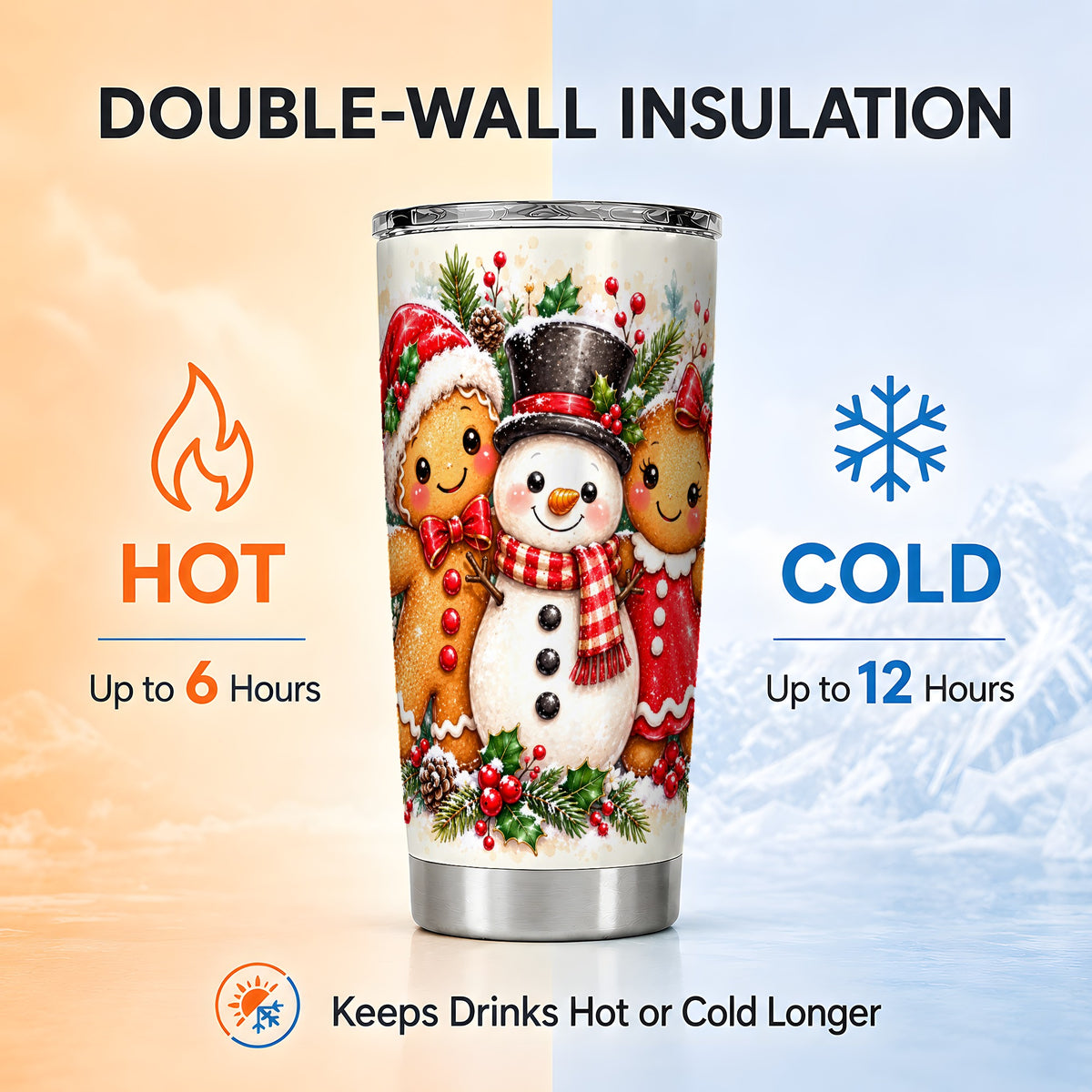 Gingerbread Snowman 20oz Tumbler, Christmas Stainless Steel Travel Cup