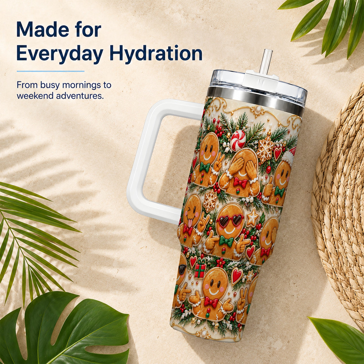Gingerbread 40oz Tumbler, Christmas Tumbler, Stainless Steel Travel Cup