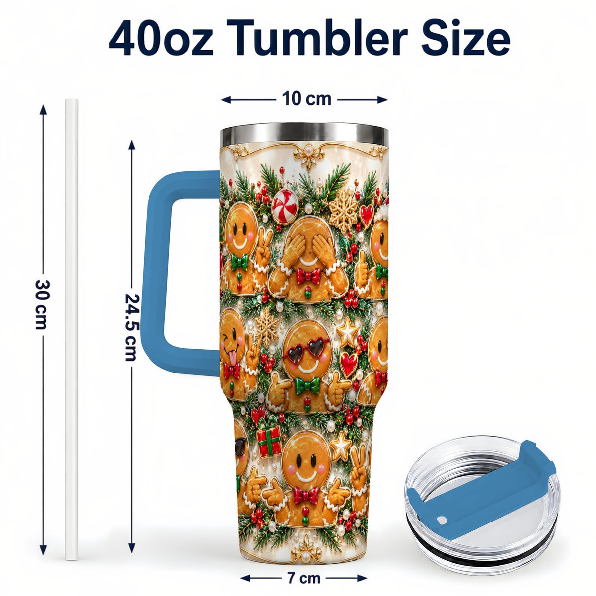 #pl[40oz|Blue] Festive Gingerbread 40oz Tumbler, Christmas Tumbler, Steel Travel Cup