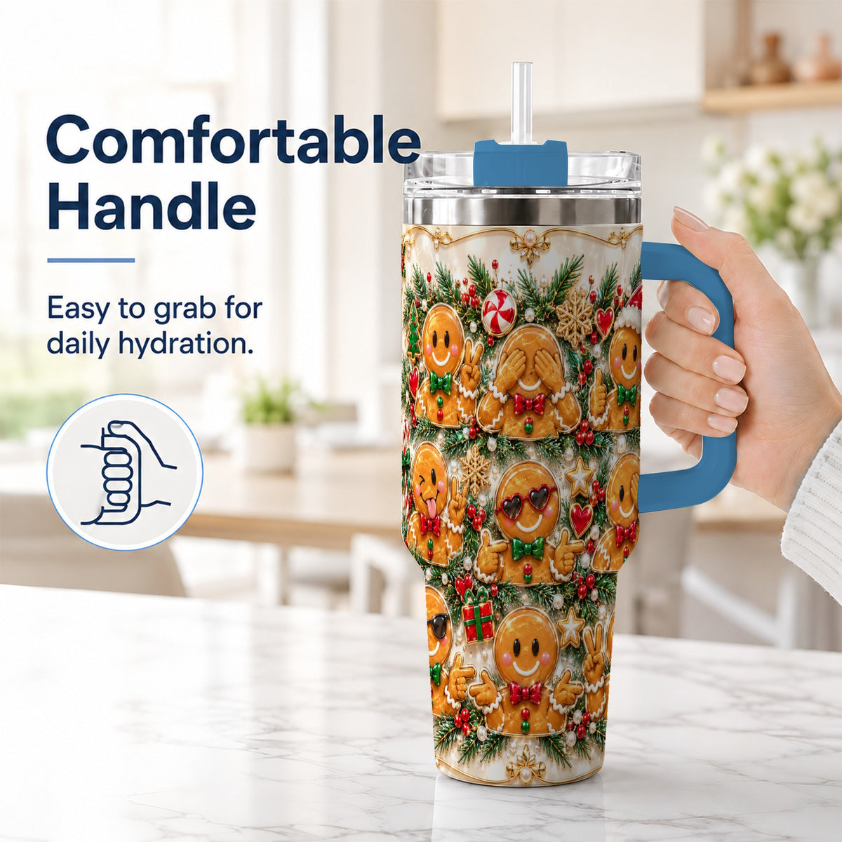 #pl[40oz|Blue] Festive Gingerbread 40oz Tumbler, Christmas Tumbler, Steel Travel Cup