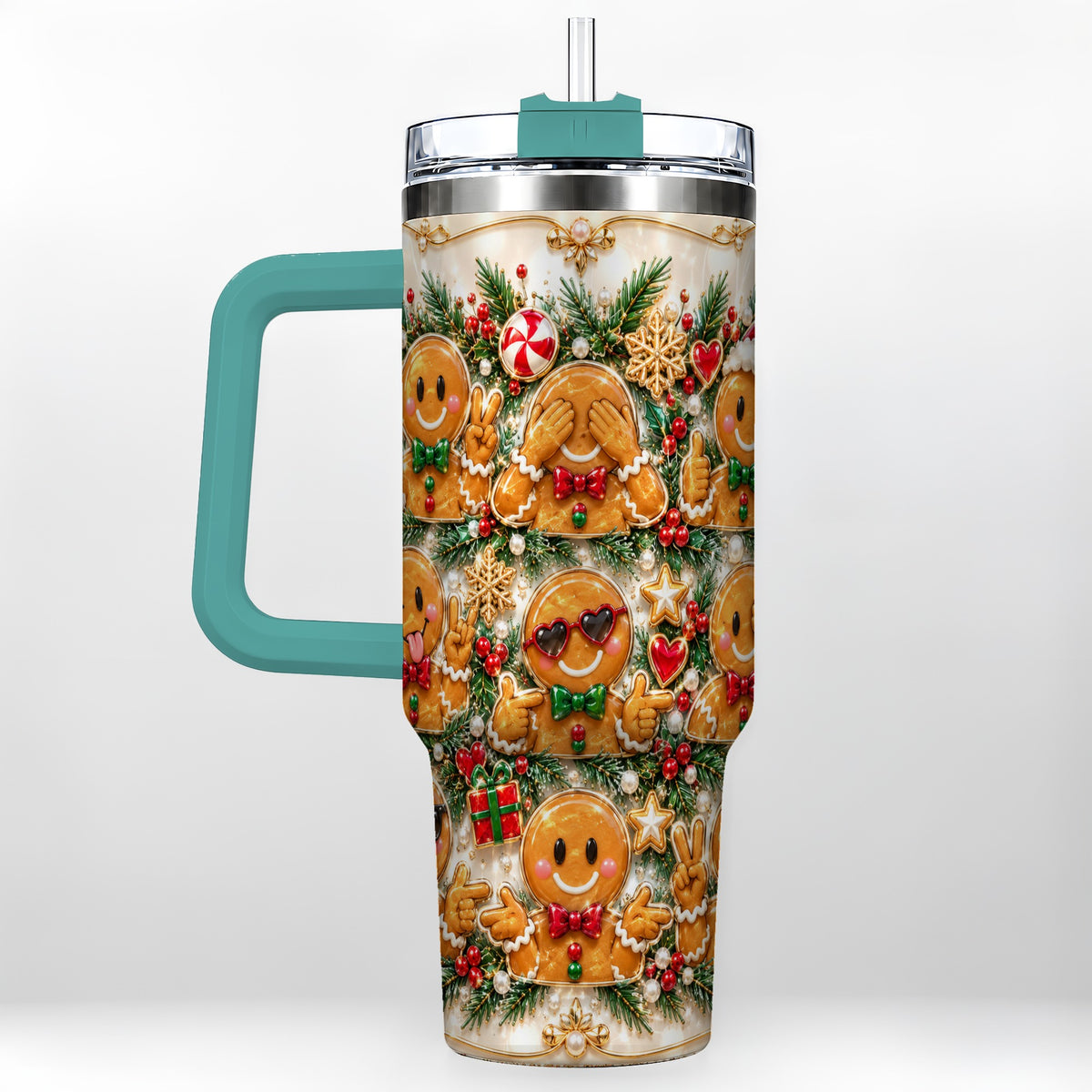 #pl[40oz|Green] Festive Gingerbread 40oz Tumbler, Christmas Tumbler, Steel Travel Cup