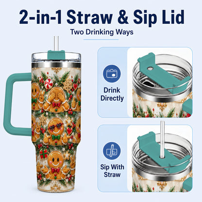 #pl[40oz|Green] Festive Gingerbread 40oz Tumbler, Christmas Tumbler, Steel Travel Cup