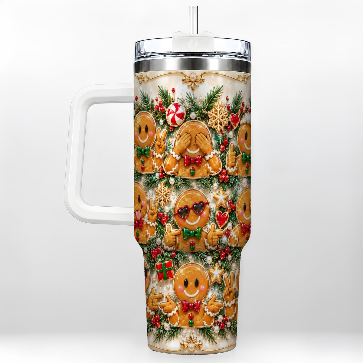 Festive Gingerbread 40oz Tumbler, Christmas Tumbler, Steel Travel Cup