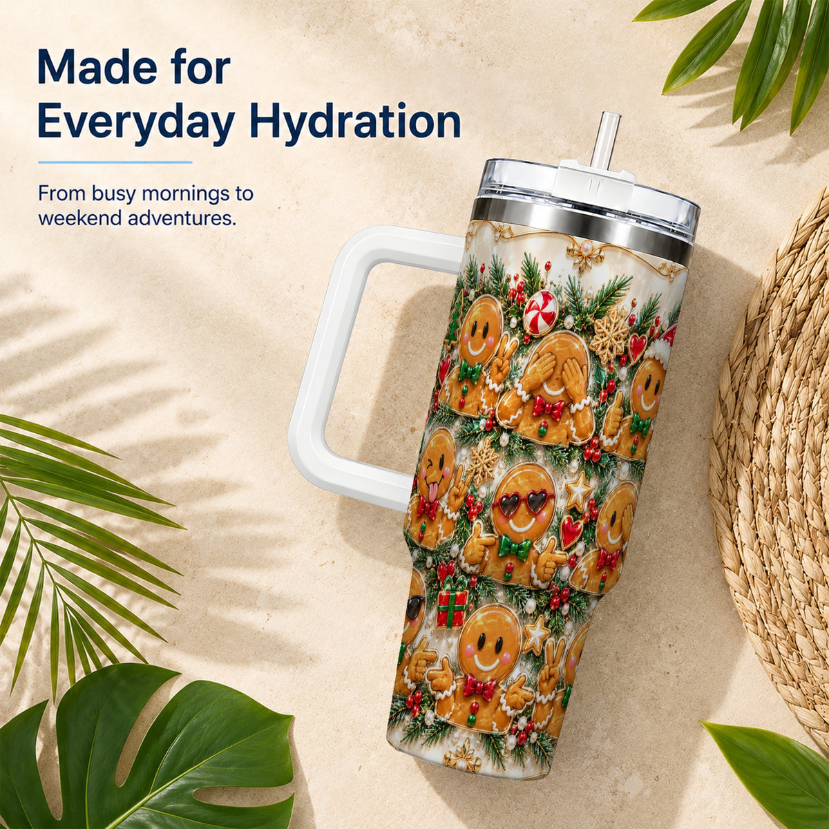 Festive Gingerbread 40oz Tumbler, Christmas Tumbler, Steel Travel Cup
