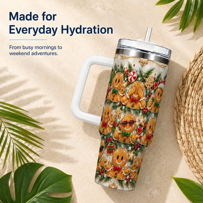 Festive Gingerbread 40oz Tumbler, Christmas Tumbler, Steel Travel Cup