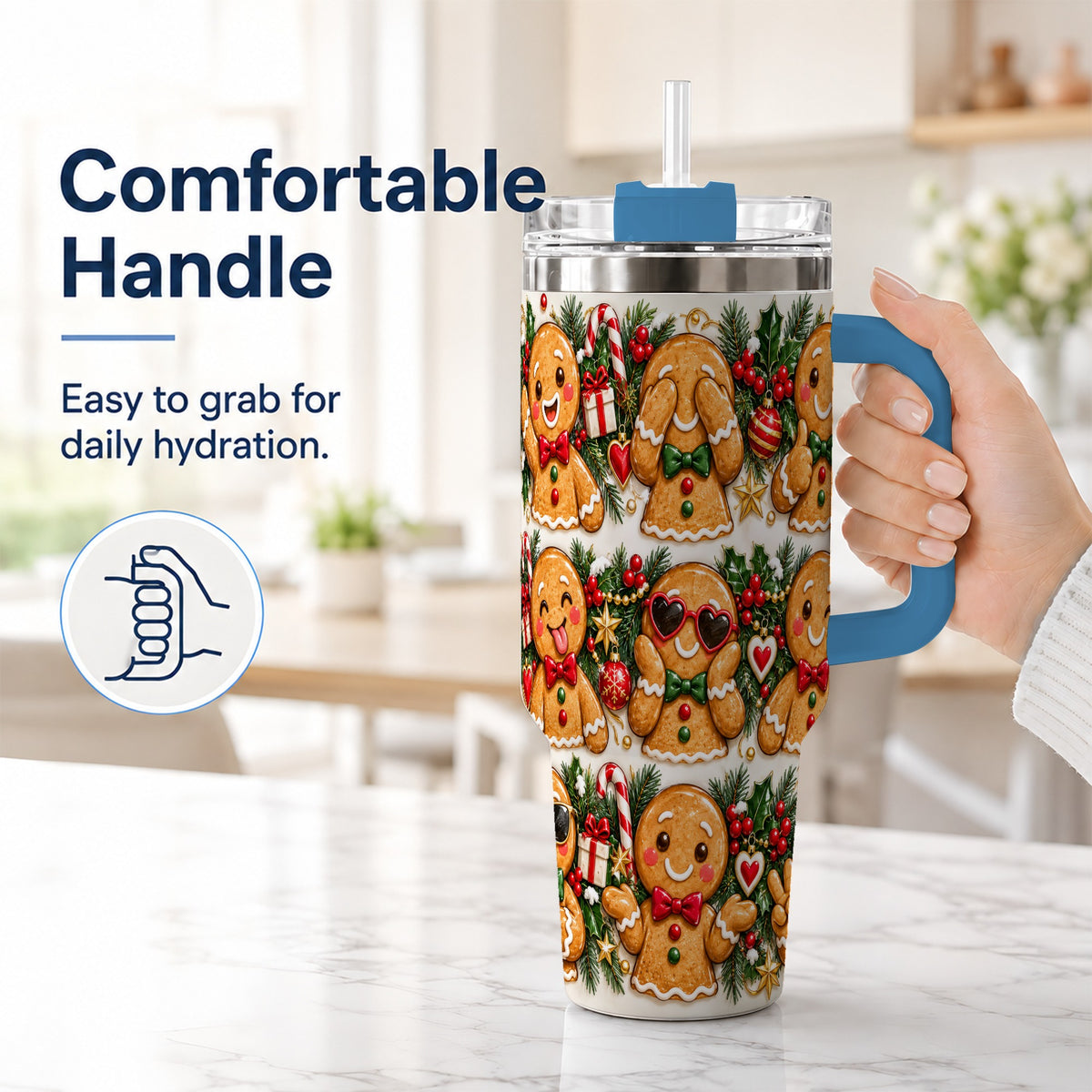 #pl[40oz|Blue] Christmas Gingerbread 40oz Tumbler, Cookie Tumbler, Steel Travel Cup