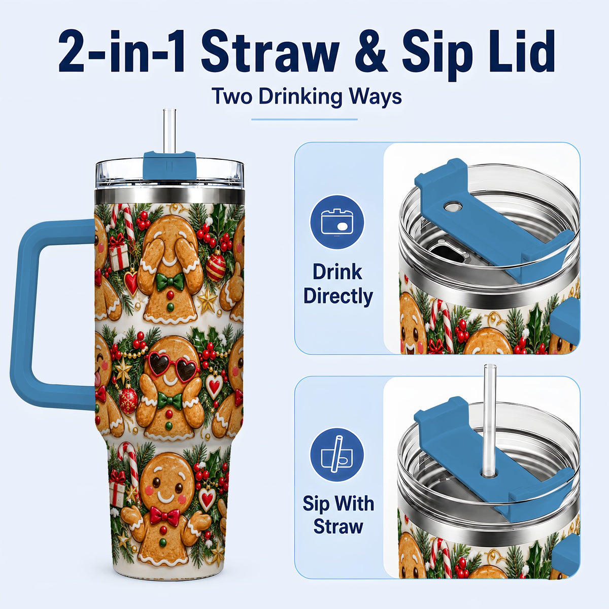 #pl[40oz|Blue] Christmas Gingerbread 40oz Tumbler, Cookie Tumbler, Steel Travel Cup