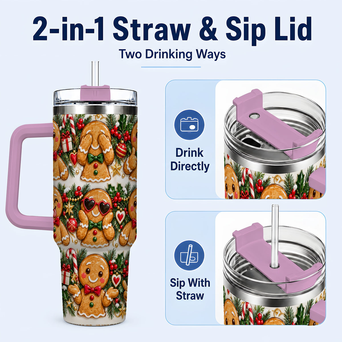 #pl[40oz|Pink] Christmas Gingerbread 40oz Tumbler, Cookie Tumbler, Steel Travel Cup