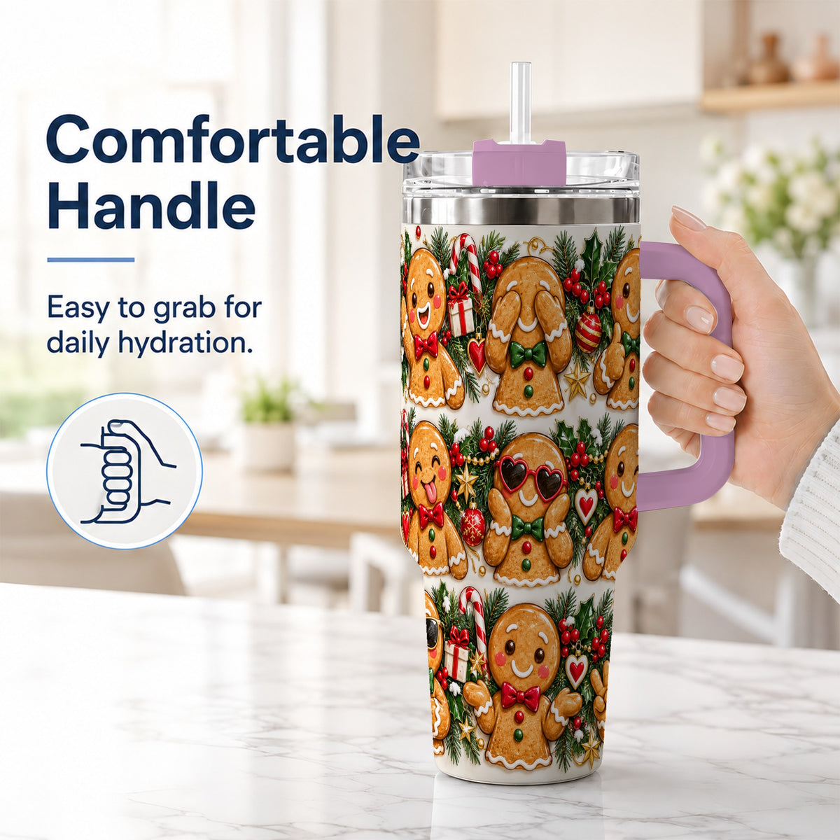 #pl[40oz|Pink] Christmas Gingerbread 40oz Tumbler, Cookie Tumbler, Steel Travel Cup