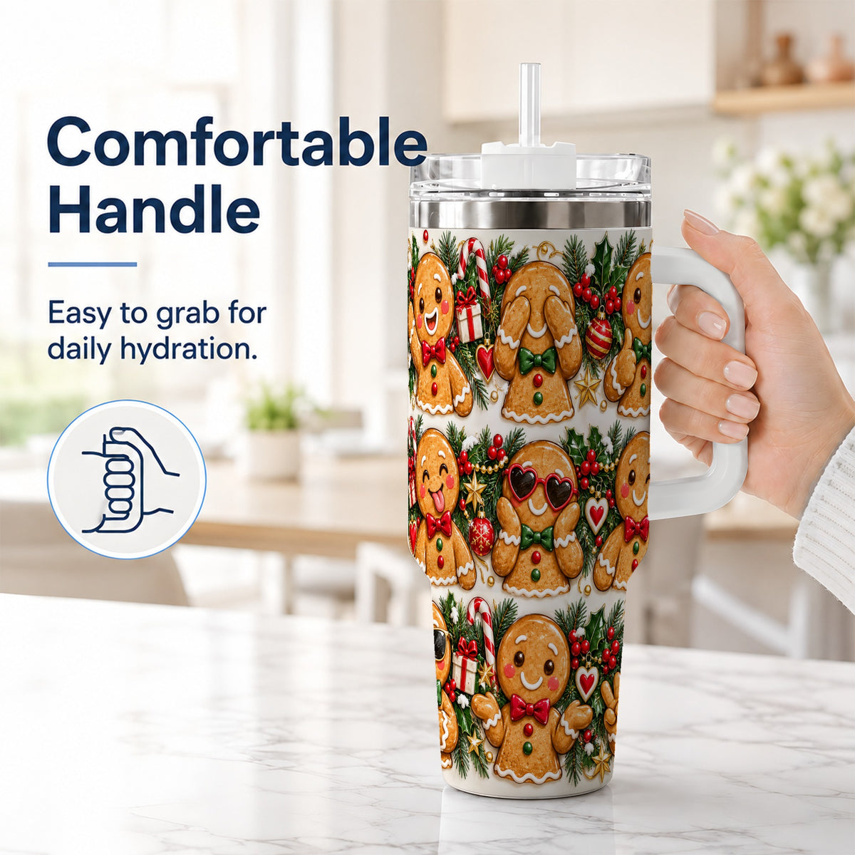 #pl[40oz|White] Christmas Gingerbread 40oz Tumbler, Cookie Tumbler, Steel Travel Cup