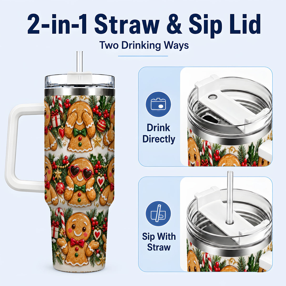 #pl[40oz|White] Christmas Gingerbread 40oz Tumbler, Cookie Tumbler, Steel Travel Cup