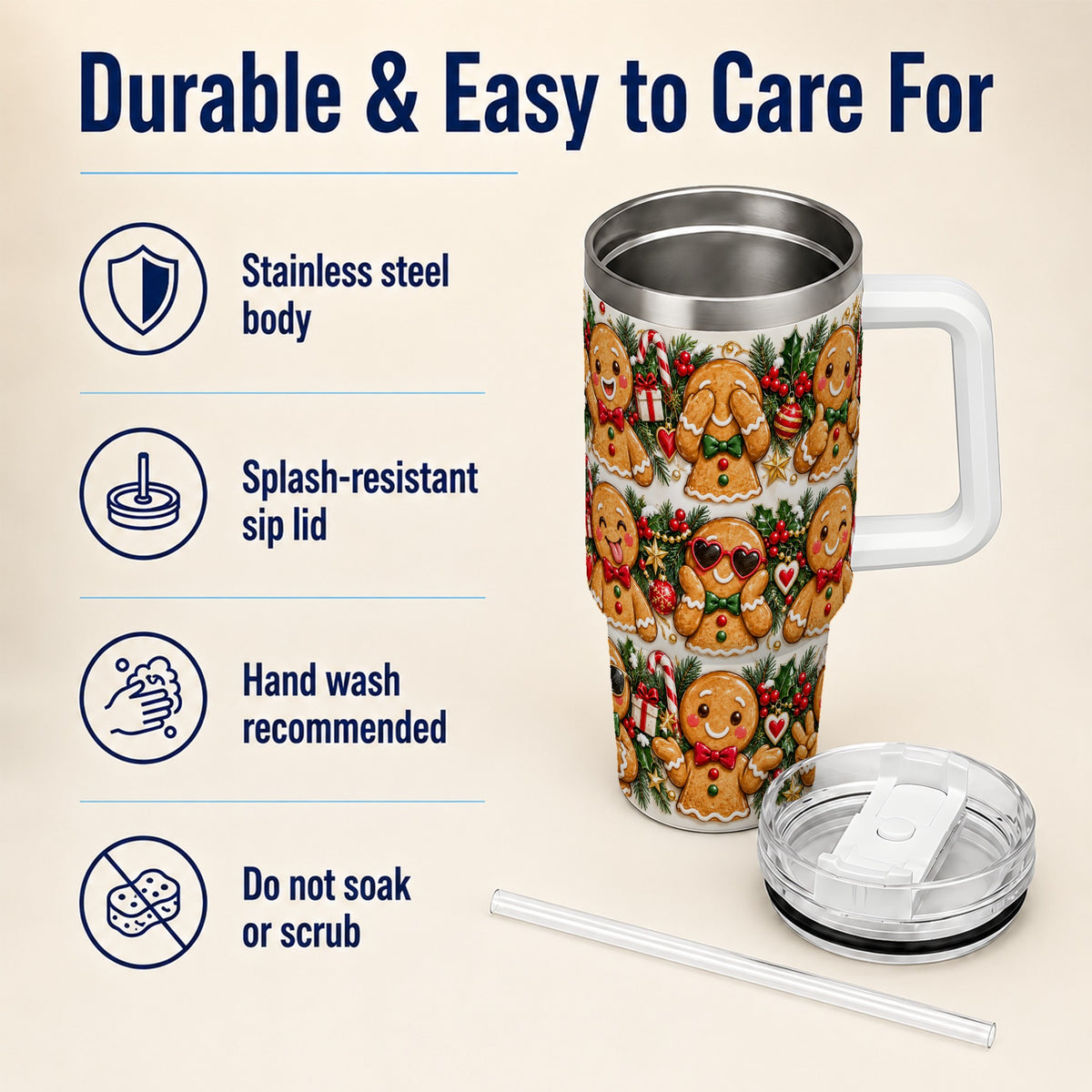 Christmas Gingerbread 40oz Tumbler, Cookie Tumbler, Steel Travel Cup